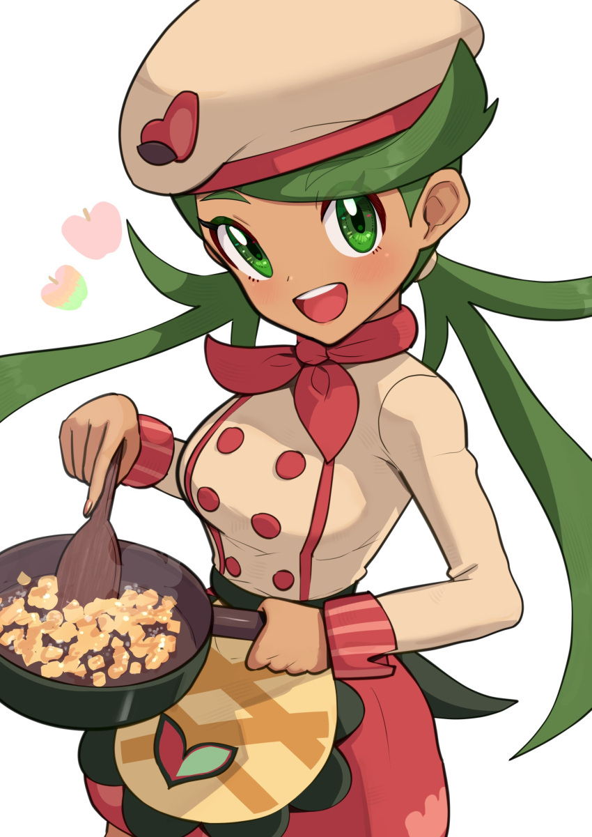 1girl, :d, absurdres, apron, bangs, buttons, commentary_request, double-breasted, eyelashes, gonzarez, green_eyes, green_hair, happy, hat, highres, holding, holding_pan, holding_spatula, long_hair, long_sleeves, looking_at_viewer, mallow_(palentine's_2023)_(pokemon), mallow_(pokemon), official_alternate_costume, open_mouth, pokemon, pokemon_(game), pokemon_masters_ex, shirt, skirt, smile, spatula, swept_bangs, teeth, tongue, twintails, upper_teeth_only, waist_apron, white_background, yellow_apron