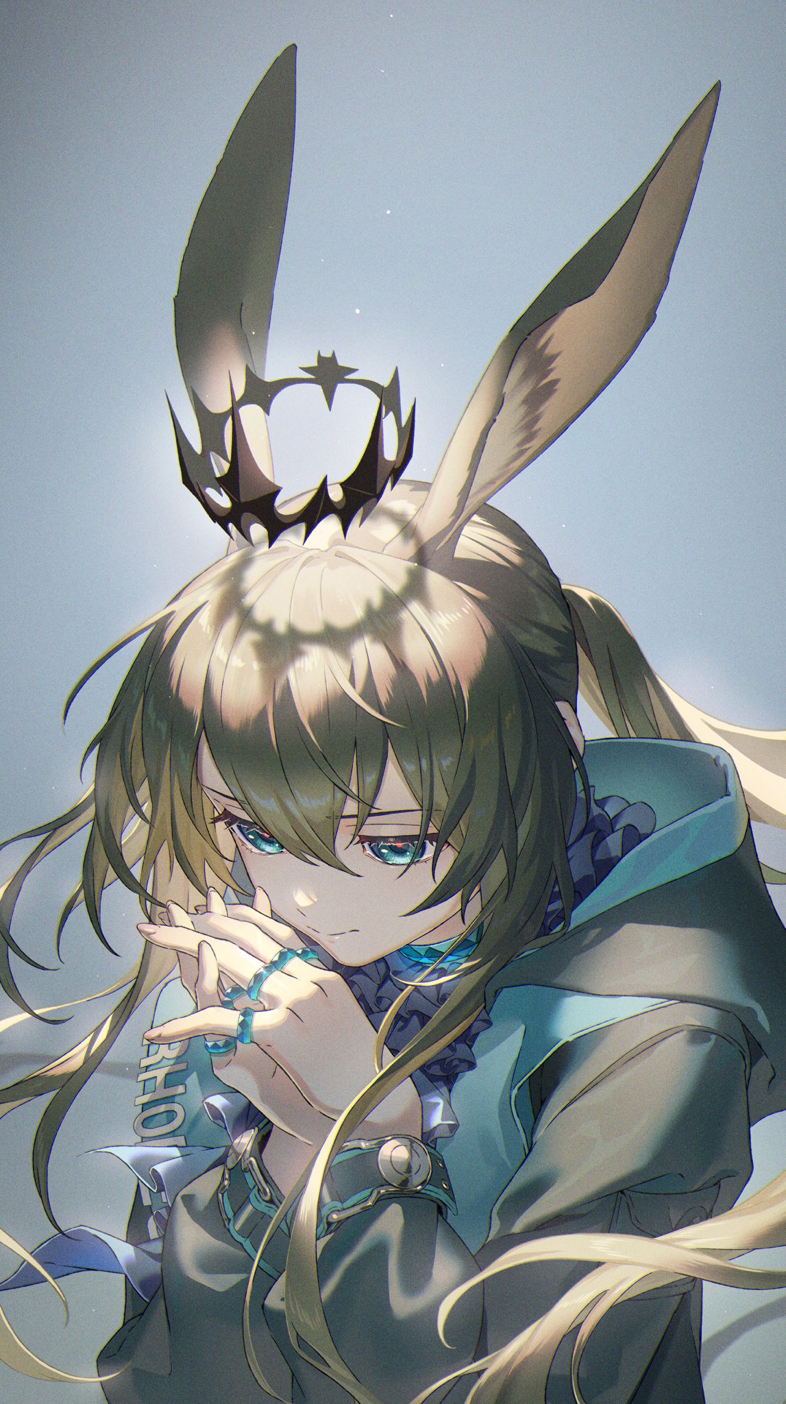 1girl, amiya_(arknights), animal_ears, arknights, ascot, bangs, black_ascot, blue_eyes
