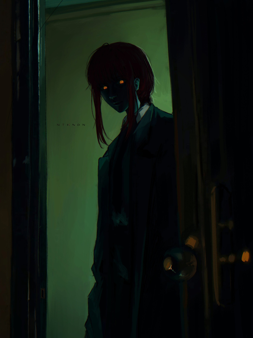 1girl, absurdres, artist_name, bangs, black_coat, chainsaw_man, coat, dark, doorway, formal, highres, looking_at_viewer, makima_(chainsaw_man), medium_hair, nthndn, redhead, ringed_eyes, solo, suit, yellow_eyes