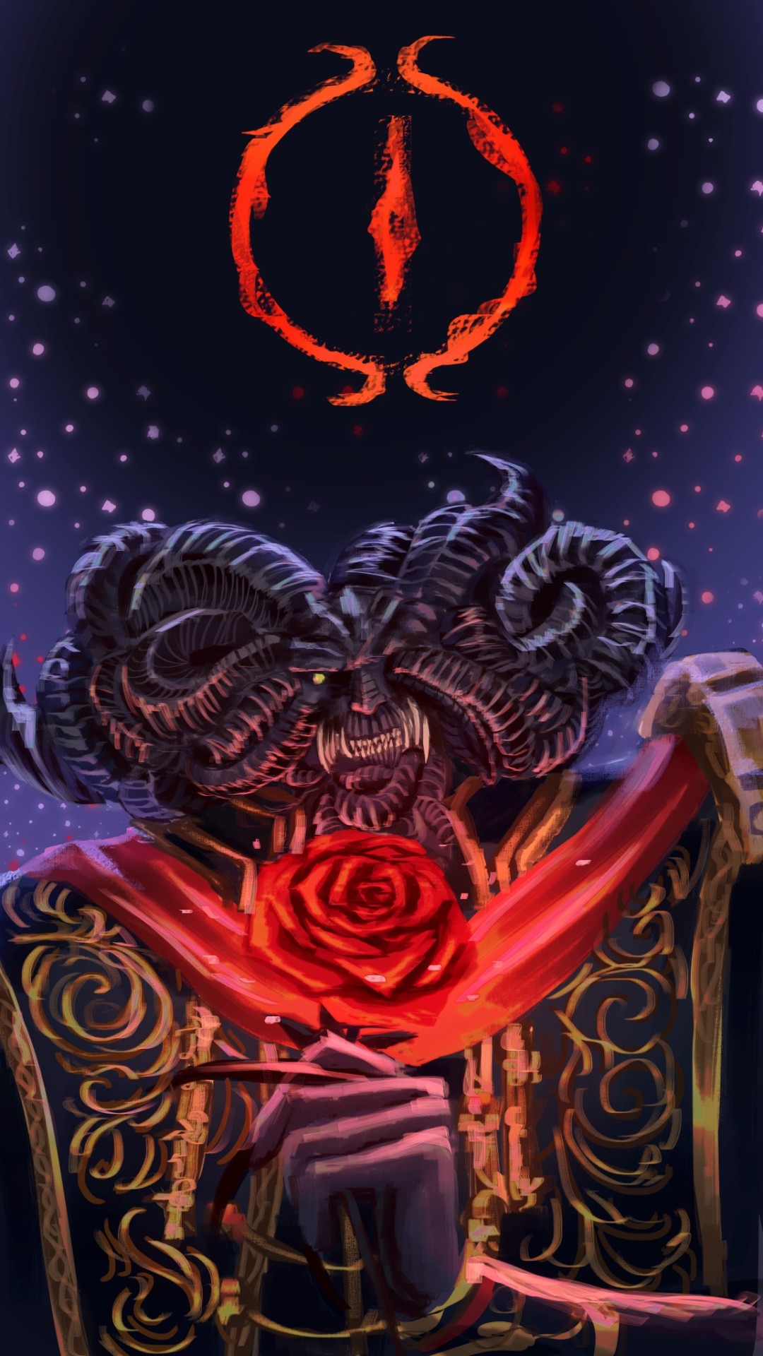 1boy, blue_background, elden_ring, flower, glowing_flower, great_rune_(elden_ring), highres, holding, holding_flower, horns, looking_at_viewer, mohg_lord_of_blood, pkbth, rose, rune, solo