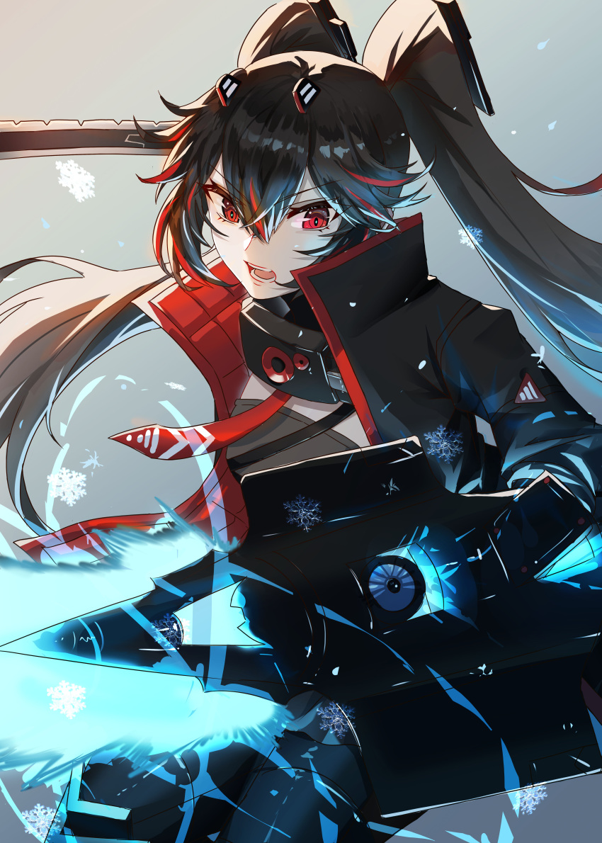 1girl, absurdres, black_hair, black_jacket, headgear, highres, holding, holding_sword