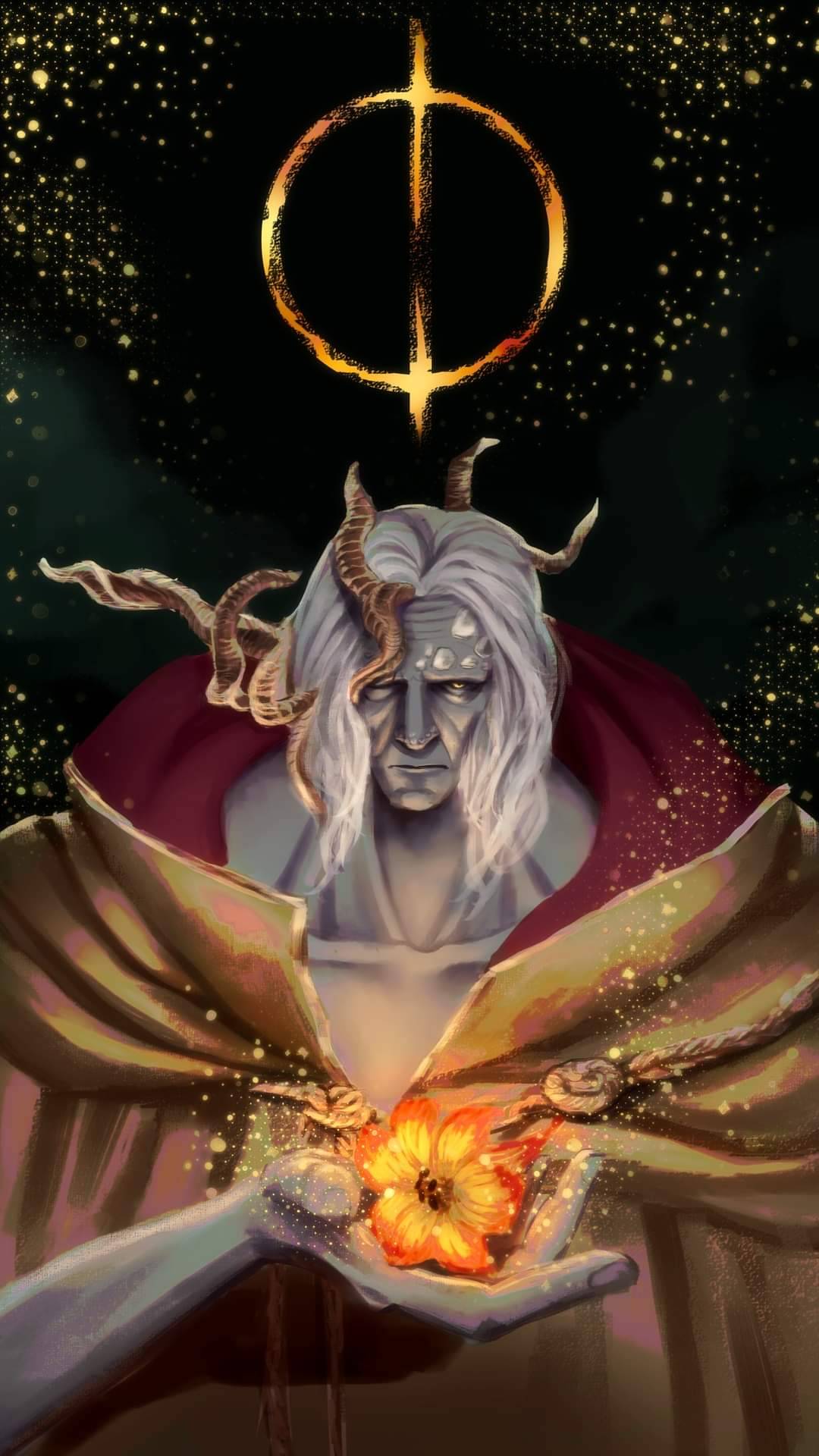 1boy, black_background, commentary, elden_ring, flower, great_rune_(elden_ring), highres, holding, holding_flower, horns, long_hair, looking_at_viewer, margit_the_fell_omen, morgott_the_omen_king, pkbth, rune, solo, white_hair