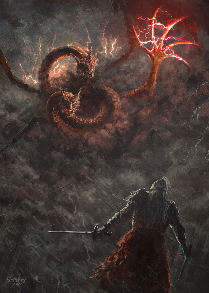1boy, 1other, absurdres, battle, bloodexer, bloody_wolf_(elden_ring), claws, clouds
