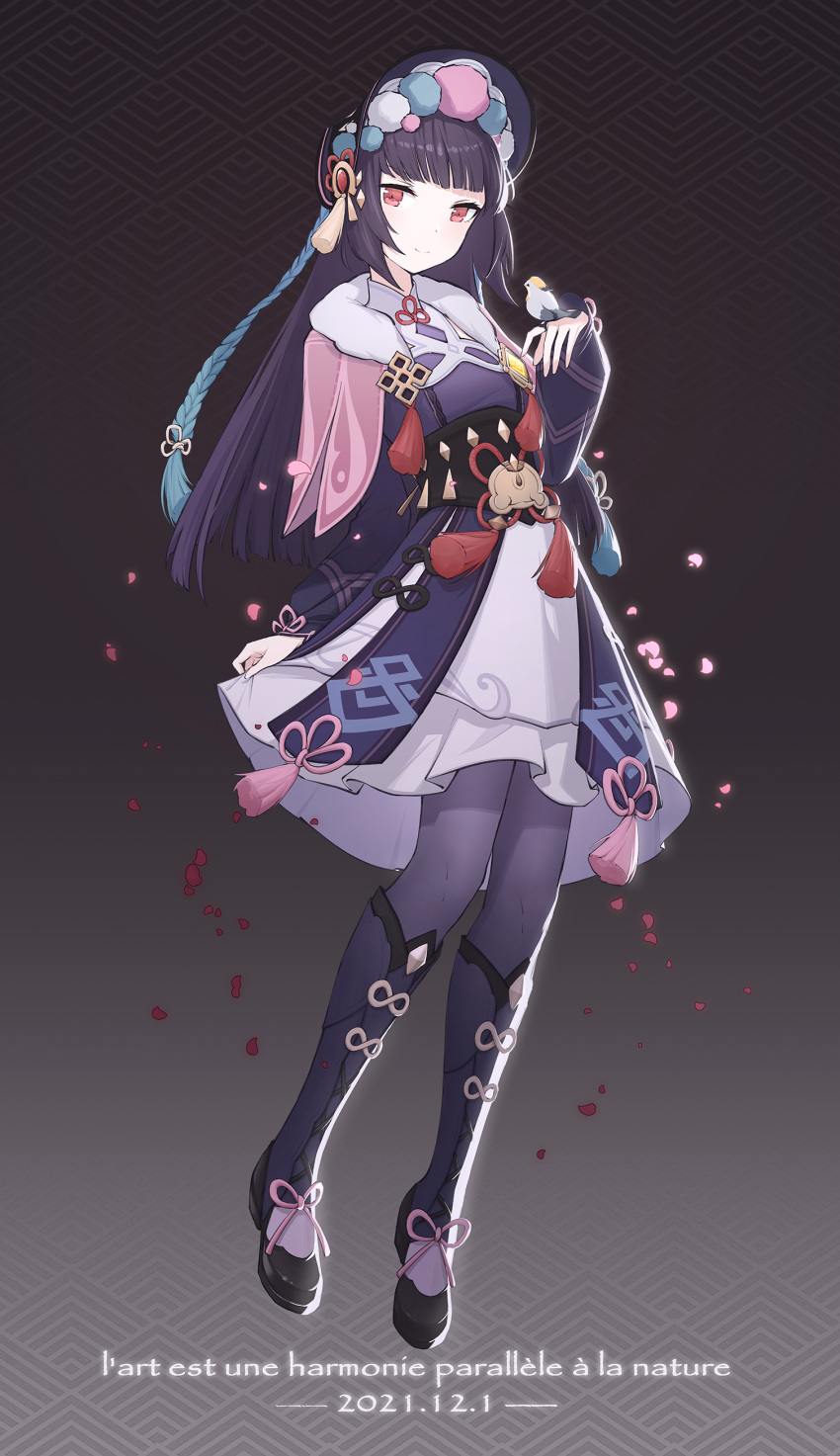1girl, absurdres, bangs, bird, black_corset, black_hair, blunt_bangs, bonnet, boots, capelet, closed_mouth, collar, commentary_request, corset, dress, finch, french_text, full_body, fur_collar, genshin_impact, highres, knee_boots, lolita_fashion, long_sleeves, looking_at_viewer, pantyhose, petals, pink_capelet, puffy_long_sleeves, puffy_sleeves, purple_footwear, purple_pantyhose, qi_lolita, red_eyes, smile, solo, translation_request, white_collar, yefan, yun_jin_(genshin_impact)