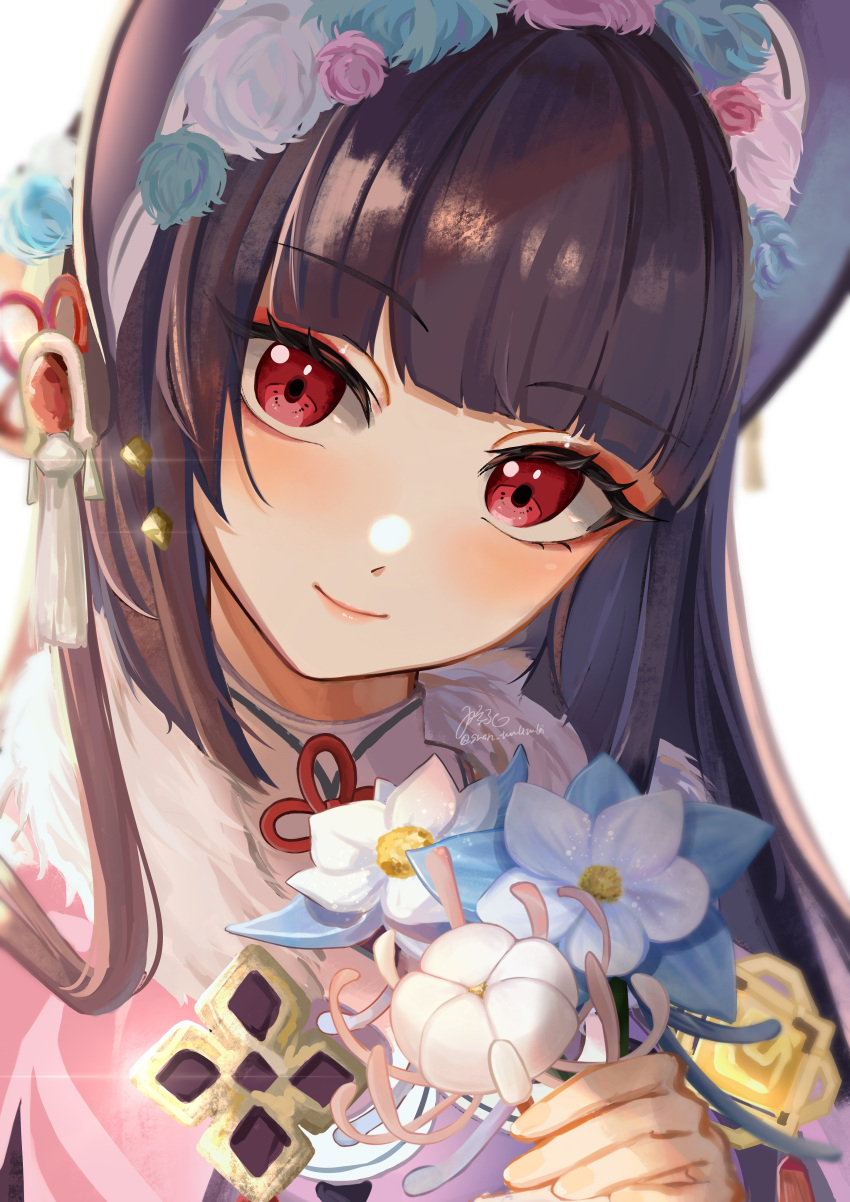 1girl, absurdres, bangs, black_hair, black_headwear, blunt_bangs, bonnet, capelet