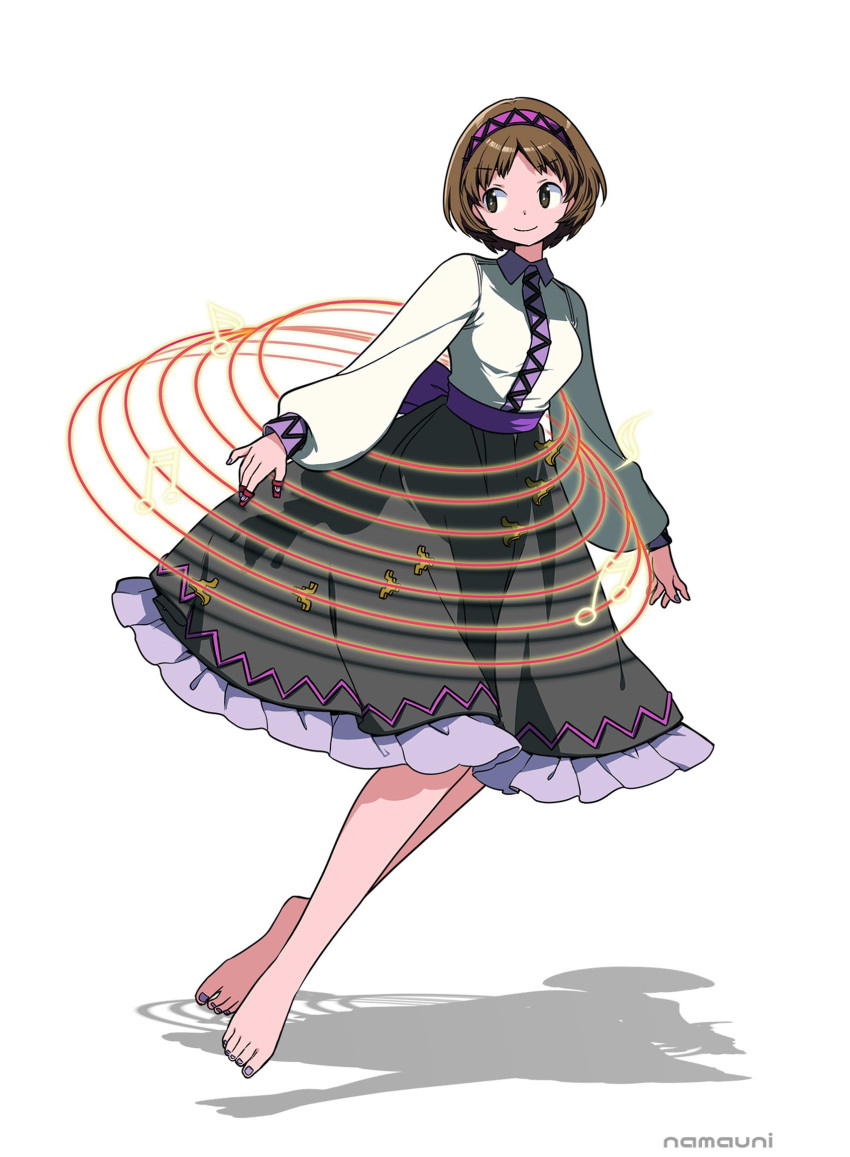 1girl, artist_name, barefoot, beamed_sixteenth_notes, black_skirt, brown_eyes, brown_hair, closed_mouth