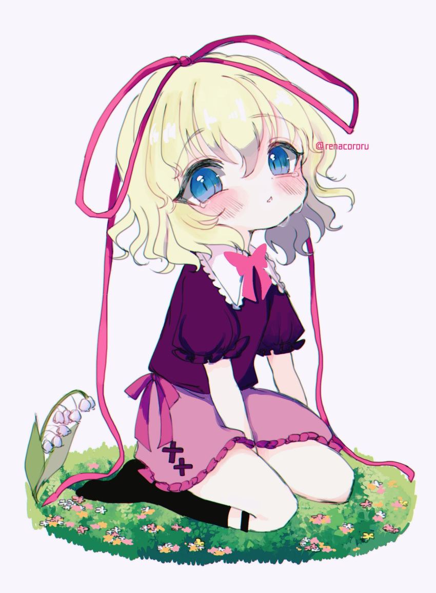1girl, bangs, black_shirt, black_socks, blonde_hair, blue_eyes, blush, collared_shirt