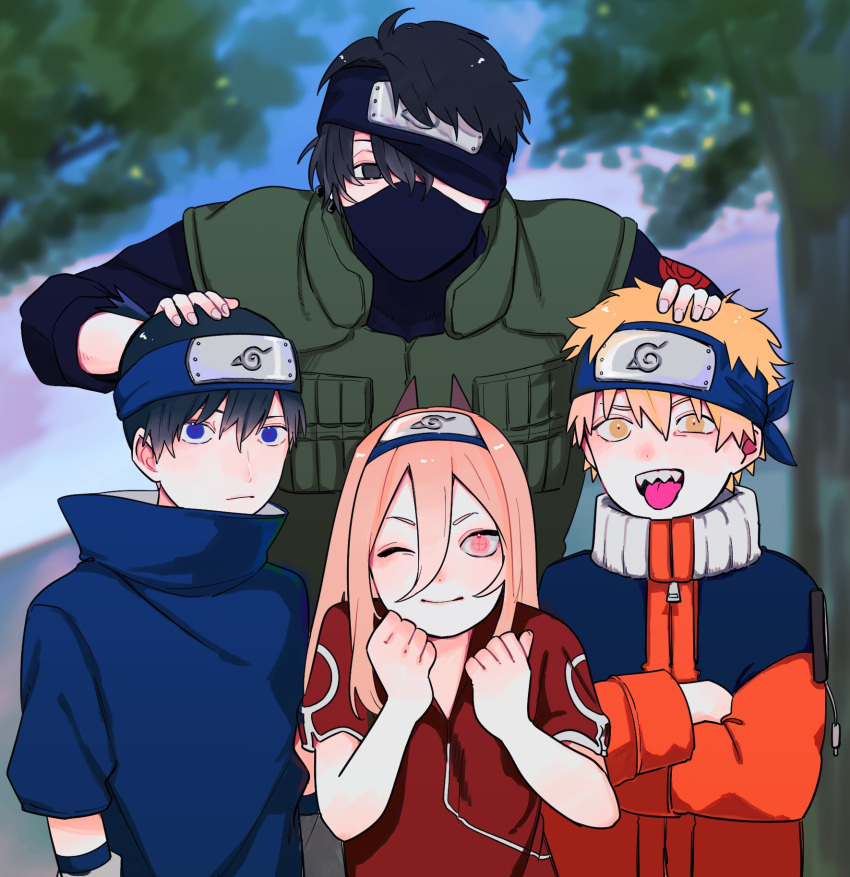 1girl, 3boys, aged_down, black_hair, blonde_hair, blue_eyes, blue_shirt, blurry