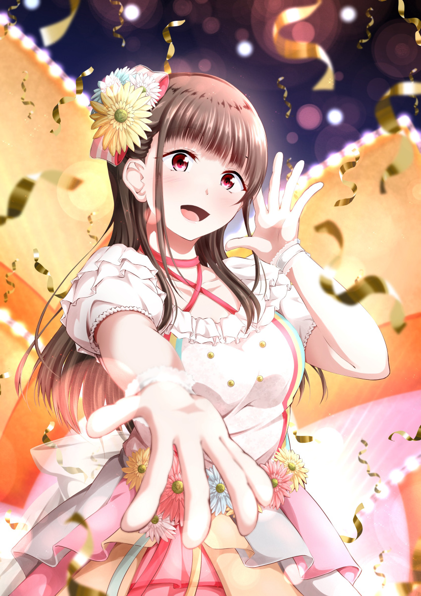1girl, absurdres, bangs, blush, breasts, brown_hair, collarbone, commentary_request, confetti, flower, hair_flower, hair_ornament, highres, kusunoki_tomori, long_hair, looking_at_viewer, love_live!, love_live!_nijigasaki_high_school_idol_club, love_u_my_friends, medium_breasts, reaching_towards_viewer, red_eyes, sidelocks, smile, solo, upper_body, voice_actor, voice_actor_connection, yuuki_setsuna_(love_live!), yuuzaki_takumi