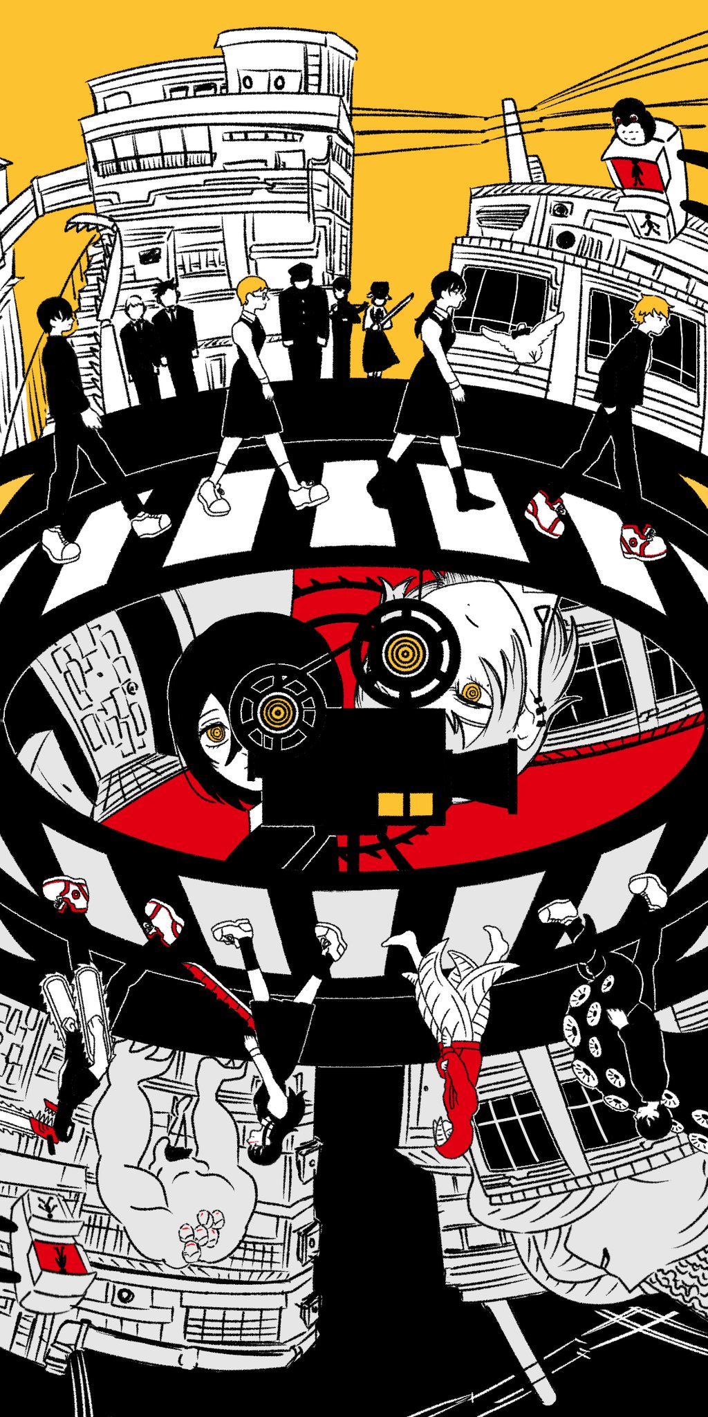 4boys, 6+girls, abbey_road, akoku_seigi, black_hair, blonde_hair, bucky_(chainsaw_man), chainsaw