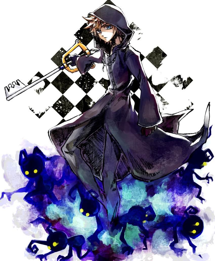 13rk, 1boy, black_gloves, black_pants, black_robe, blue_eyes, brown_hair, frown, gloves, heartless, highres, holding, holding_key, holding_weapon, hooded_robe, key, keyblade, kingdom_hearts, male_focus, pants, robe, roxas, short_hair, solo, spiky_hair, weapon, zipper