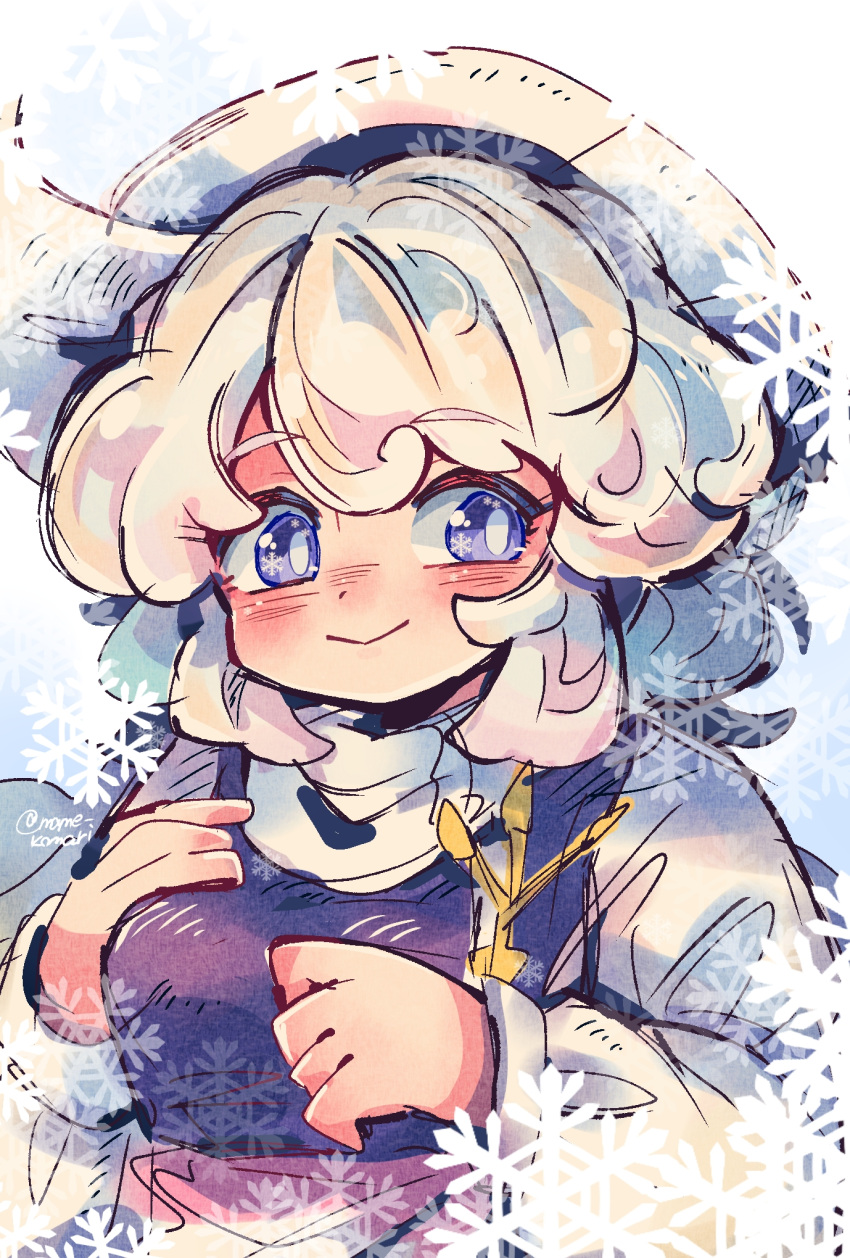 1girl, blush, bright_pupils, closed_mouth, commentary_request, hat, highres, lapel_pin