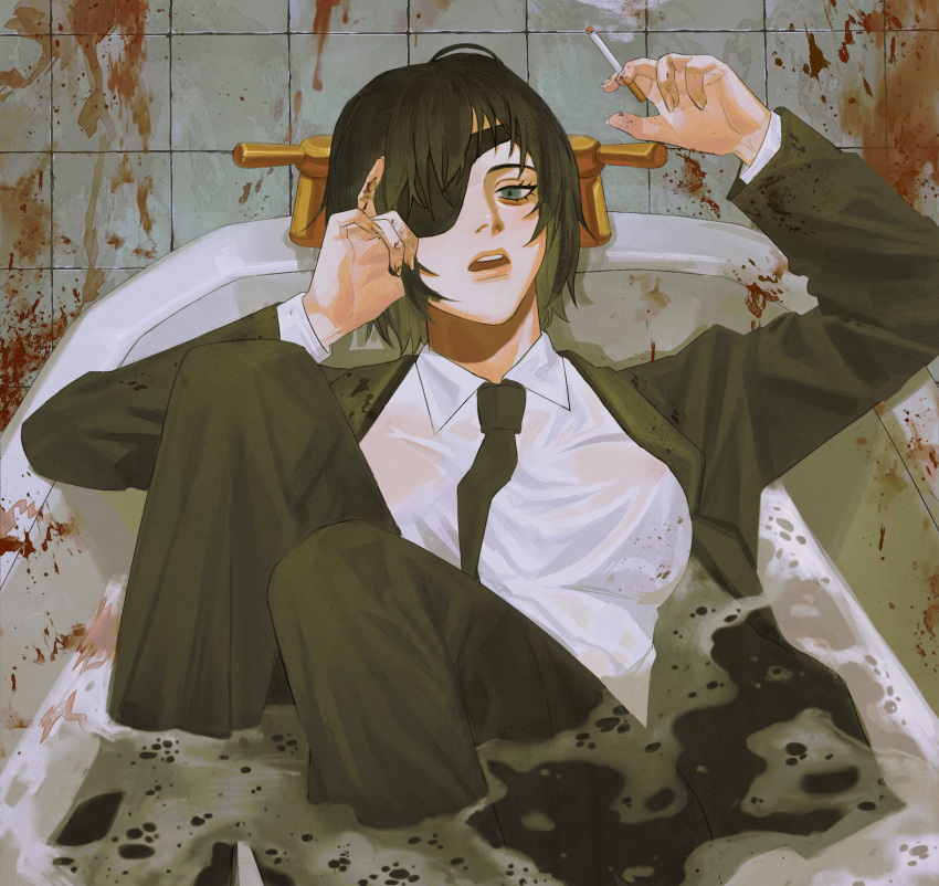 1girl, bathtub, black_hair, black_jacket, black_necktie, black_pants, blood, blood_on_clothes, blood_splatter, chainsaw_man, collared_shirt, eyepatch, formal, highres, himeno_(chainsaw_man), jacket, looking_at_viewer, necktie, open_mouth, pants, partially_submerged, perzhik1, shirt, shirt_tucked_in, short_hair, solo, suit, suit_jacket, tile_wall, tiles, white_shirt