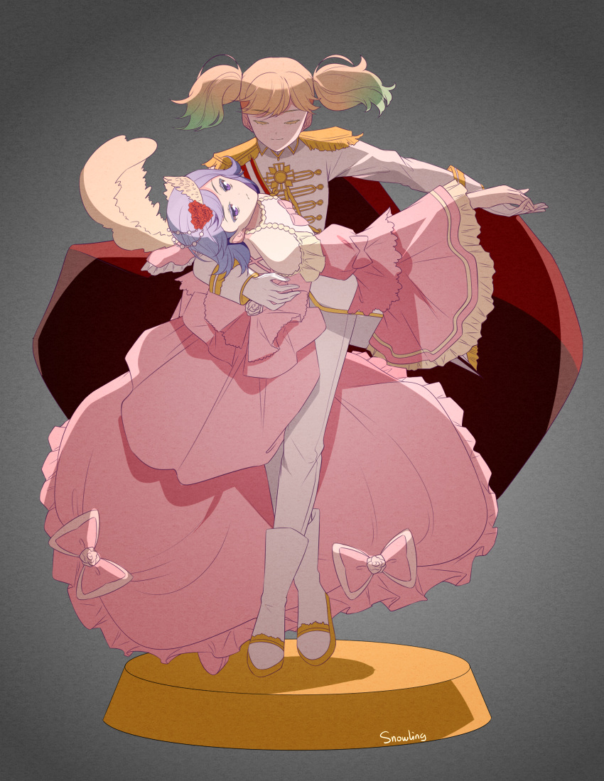 2girls, blonde_hair, bow, cape, closed_eyes, dancing, dress, dress_bow