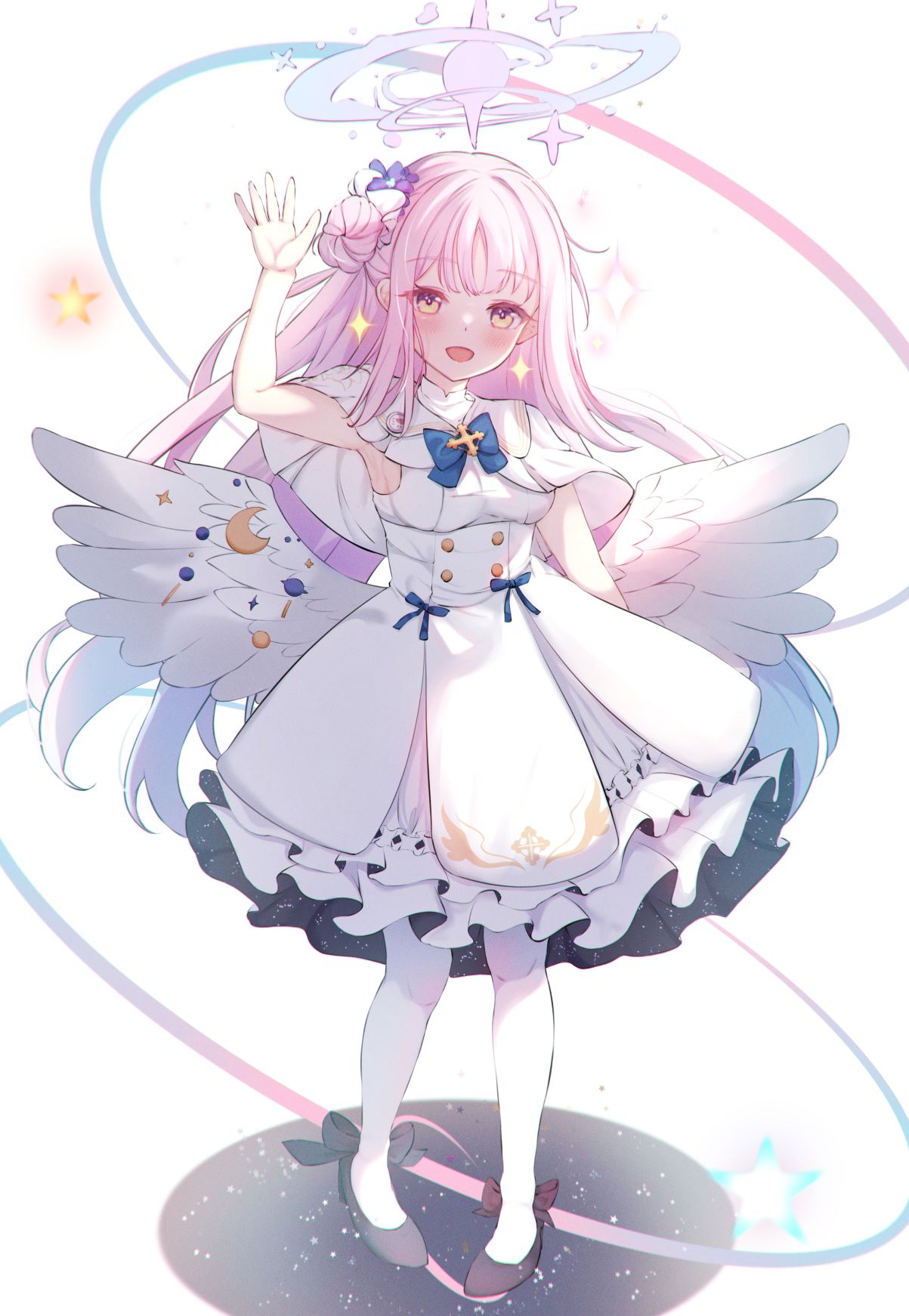 1girl, angel_wings, bangs, black_footwear, blue_archive, blue_bow, blue_flower, bow