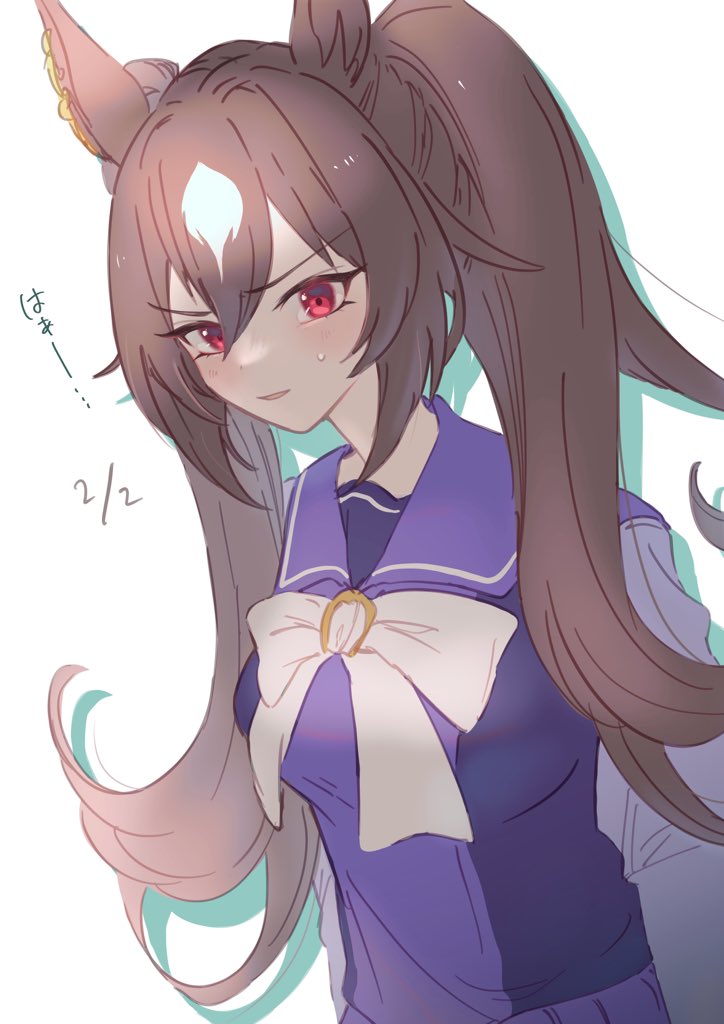 1girl, alternate_hairstyle, bangs, bow, bowtie, breasts, brown_hair, dated