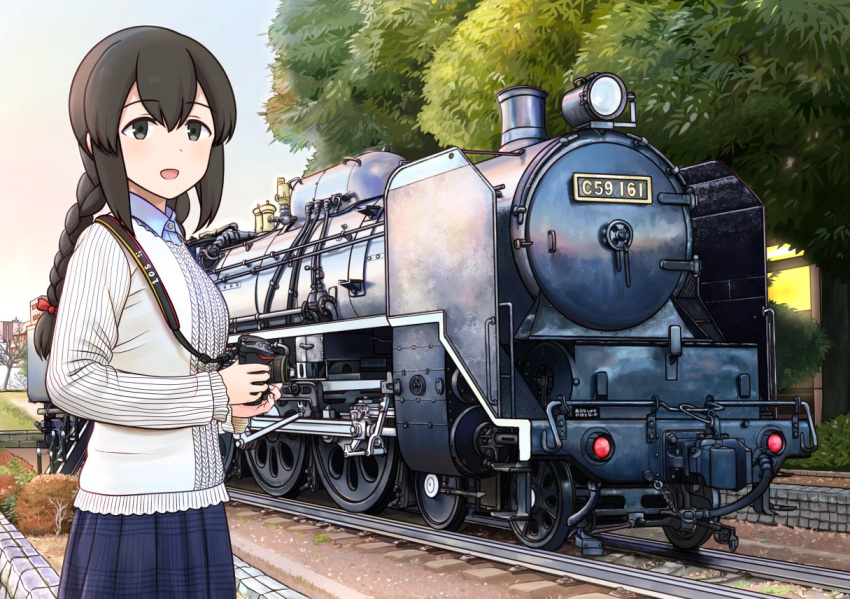 1girl, bangs, black_eyes, black_hair, blue_shirt, blue_skirt, blush, braid