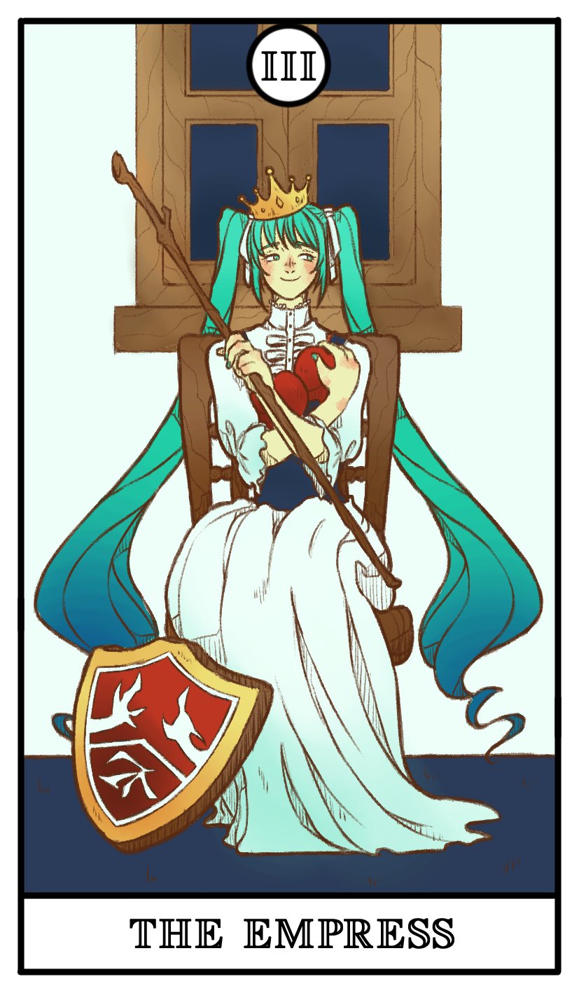 1girl, apple, aqua_eyes, aqua_hair, aqua_nails, coat_of_arms, crown, curly_hair, dress, eve_moonlit, evillious_nendaiki, food, fruit, gradient_hair, hair_ribbon, hatsune_miku, high_collar, highres, holding, holding_food, holding_fruit, holding_staff, holding_stick, long_dress, long_hair, looking_to_the_side, lorehappy, moonlit_bear_(vocaloid), multicolored_hair, red_apple, ribbon, shield, sideways_glance, sitting, smile, solo, staff, stick, tarot, the_empress_(tarot), twintails, very_long_hair, vocaloid, white_dress, white_ribbon, window