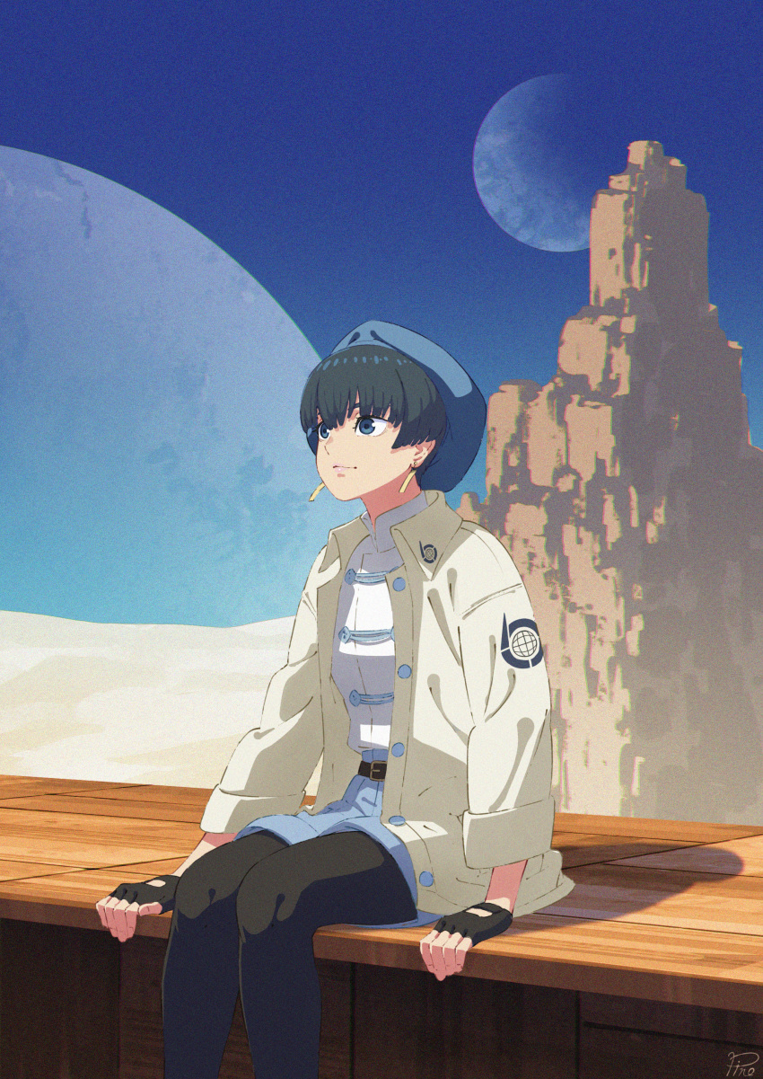 1girl, absurdres, belt, beret, black_gloves, black_hair, blue_eyes, blue_shorts, closed_mouth, earrings, fingerless_gloves, gloves, hat, highres, jacket, jewelry, legwear_under_shorts, light_smile, meryl_stryfe, moon, outdoors, pinoj0214, planet, shirt, shirt_tucked_in, short_hair, shorts, sitting, sky, solo, trigun, white_jacket, white_shirt