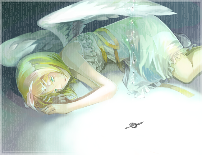 angel_wings, bare_shoulders, blonde_hair, dress, green_eyes, hair_ornament, hair_ribbon, hairclip