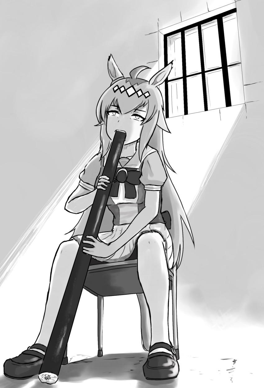 1girl, absurdres, ahoge, animal_ears, chair, eating, ehoumaki, food, gun_fellatio_(shingeki_no_kyojin), hair_between_eyes, hair_ornament, headband, highres, horse_ears, horse_tail, kannagi2001, long_hair, makizushi, meme, monochrome, neta, oguri_cap_(umamusume), open_mouth, prison_cell, scene_reference, school_uniform, setsubun, shingeki_no_kyojin, shoes, sitting, solo, sushi, tail, thigh-highs, tracen_school_uniform, umamusume, window