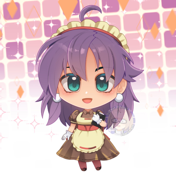 1girl, ahoge, apron, bangs, blue_eyes, blush, brown_dress, brown_pantyhose