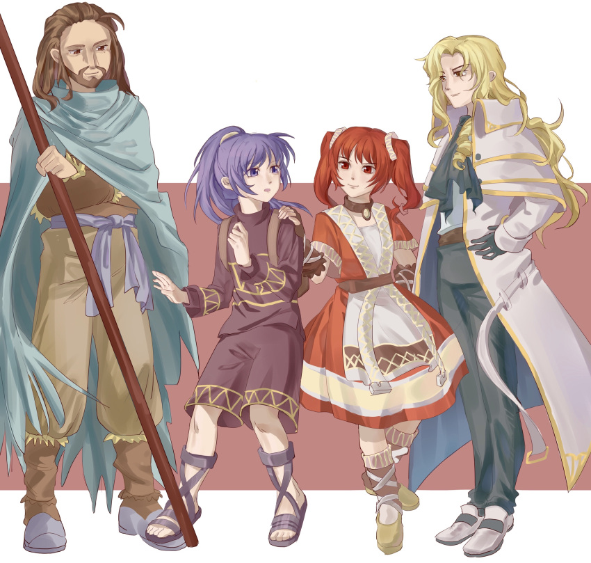 1girl, 3boys, arcturus, ascot, beard, belt, black_ascot, black_gloves