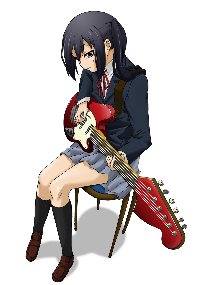 black_hair, blazer, brown_eyes, guitar, highres, instrument, k-on!, kneehighs