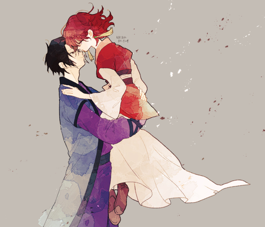 1boy, 1girl, akatsuki_no_yona, black_hair, blue_eyes, carrying, carrying_person, dress