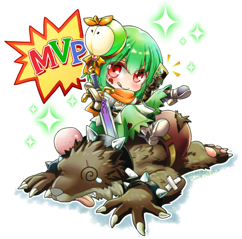 1boy, 1girl, :q, @_@, alternate_color, armored_boots, atroce, bangs, blood, blood_on_face, boots, bracelet, brown_gloves, card, chibi, closed_mouth, collar, commentary_request, crossed_bandaids, defeat, dress, full_body, furry, furry_male, gauntlets, gloves, green_dress, green_hair, green_headwear, head_bump, holding, holding_card, holding_sword, holding_weapon, jewelry, looking_at_viewer, mvp, orange_scarf, ragnarok_online, red_eyes, scarf, short_hair, smile, sparkle, spiked_bracelet, spiked_collar, spikes, sword, swordsman_(ragnarok_online), takaba_momo, tongue, tongue_out, v-shaped_eyebrows, weapon, wolf_boy