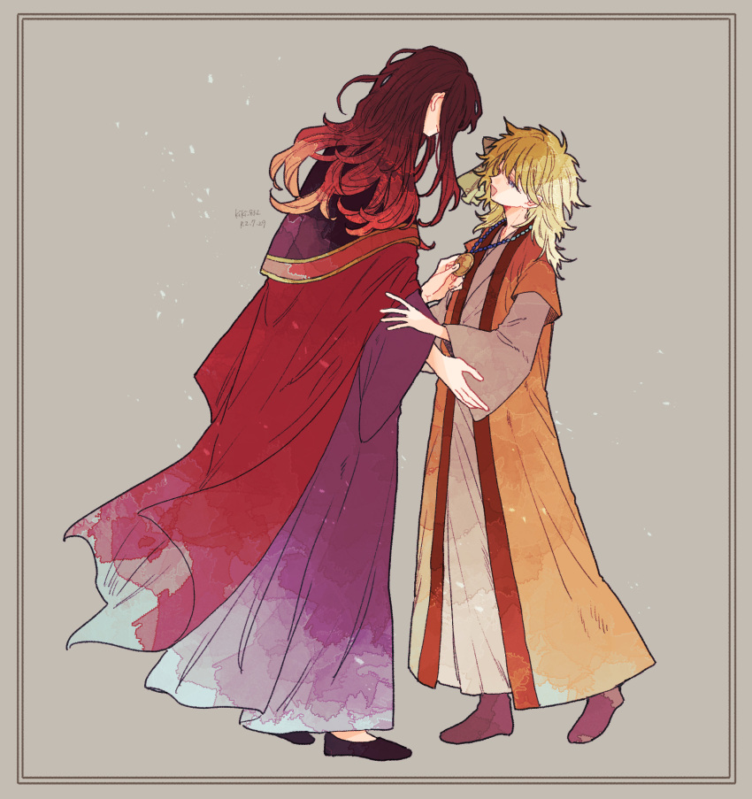 2boys, akatsuki_no_yona, bishounen, blonde_hair, closed_eyes, ei_(gibeon), full_body, grey_background
