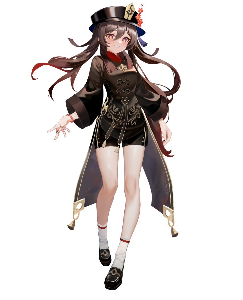 1girl, absurdres, bangs, bead_bracelet, beads, black_headwear, black_nails, black_shorts, bracelet, breasts, brown_coat, brown_hair, coat, commentary_request, corrupted_file, flat_chest, flower, flower-shaped_pupils, fxmsama, genshin_impact, grin, hair_between_eyes, hat, hat_flower, hat_tassel, highres, hu_tao_(genshin_impact), jewelry, long_hair, long_sleeves, looking_at_viewer, mandarin_collar, multiple_rings, nail_polish, open_mouth, plum_blossoms, porkpie_hat, red_eyes, red_flower, red_nails, red_shirt, ring, shirt, shoes, short_shorts, shorts, sidelocks, simple_background, smile, socks, solo, symbol-shaped_pupils, thighs, twintails, very_long_hair, white_socks