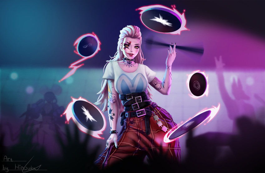 \m/, arm_tattoo, belt, black_belt, black_nails, chest_tattoo, collar, dislyte, drew_(anubis), drumsticks, earrings, english_commentary, furry, furry_male, hand_tattoo, hinouka, holding, holding_drumsticks, hoop_earrings, jeanne_(gerd), jewelry, kaylee_(anuket), light_brown_hair, midriff, navel, orange_eyes, pants, plaid, plaid_pants, red_lips, solo_focus, spiked_collar, spikes, tattoo