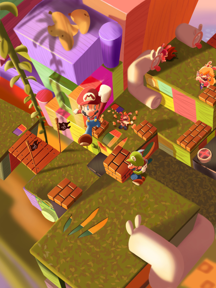 2boys, absurdres, animal_ears, banana_peel, block, blonde_hair, blue_eyes, blue_overalls
