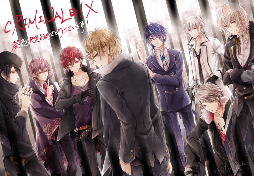 6+boys, black_eyes, black_hair, blonde_hair, blue_eyes, blue_hair, brown_eyes, chara_(criminale!), chiave_(criminale!), copyright_name, criminale!_(rejet), dante_(criminale!), fantasma_(criminale!), gerardo_(criminale!), glasses, grey_eyes, long_hair, looking_at_viewer, looking_back, lucia_(criminale!), male_focus, men0725, multiple_boys, nero_(criminale!), pink_eyes, redhead, short_hair, tempesta_(criminale!), white_hair