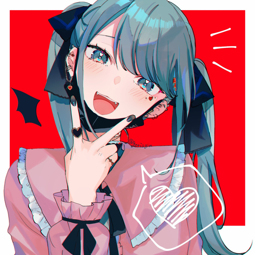 1girl, aqua_eyes, aqua_hair, asymmetrical_bangs, bangs, blush, ear_piercing, frilled_shirt_collar
