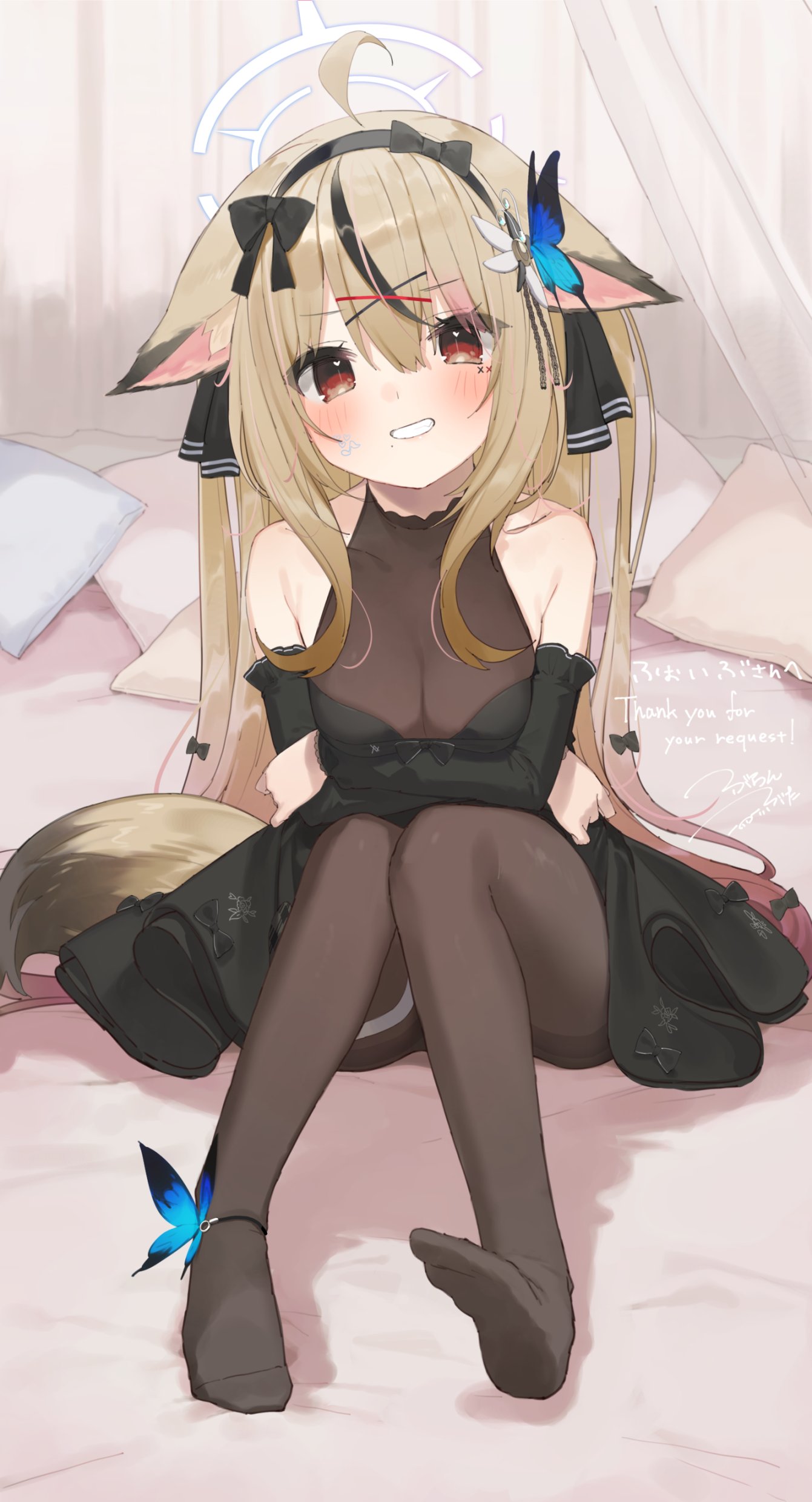1girl, absurdres, animal_ear_fluff, animal_ears, ankle_ribbon, bare_shoulders, black_dress, black_hair