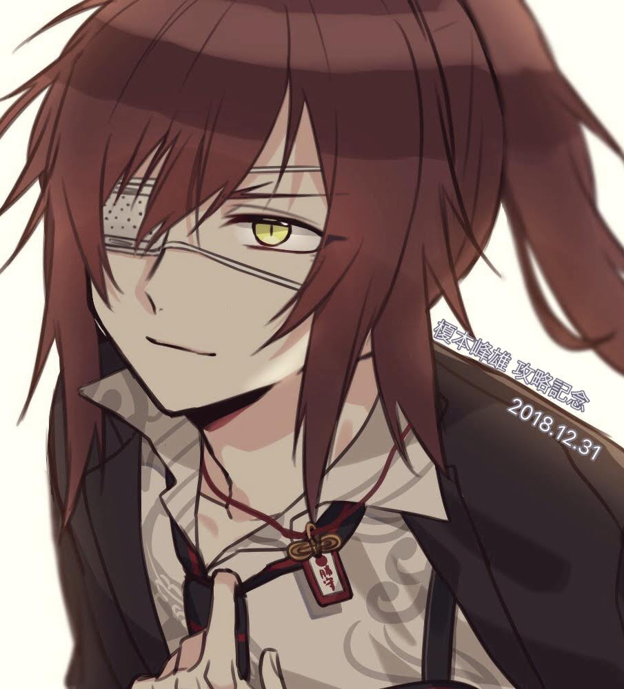 1boy, 2018, black_jacket, collar_x_malice, collared_shirt, dated, enomoto_mineo, eyepatch