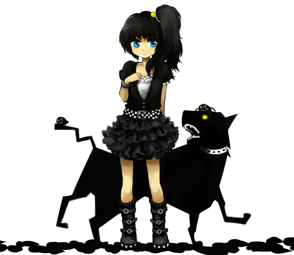 alternate_hairstyle, belt, black_eyes, black_hair, blue_eyes, boots, bracelet, creature