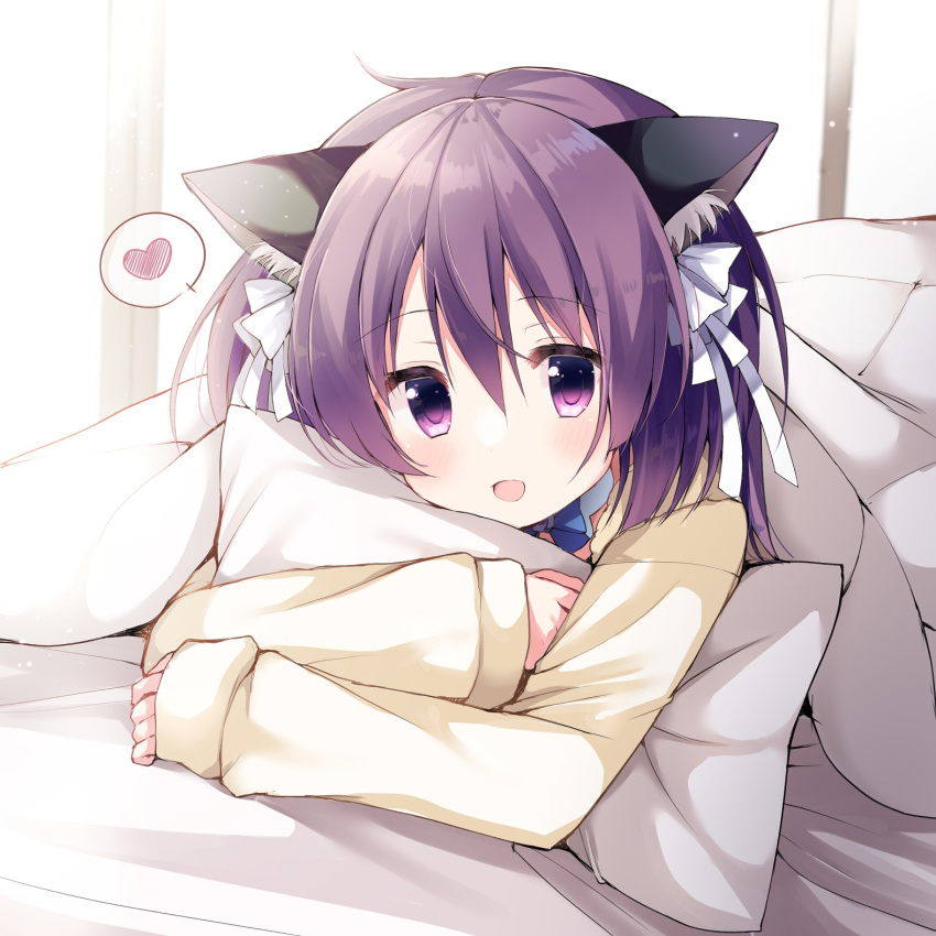 1girl, animal_ear_fluff, animal_ears, bangs, bloom, blush, bow, crossed_arms, dot_nose, hair_between_eyes, hair_bow, hair_ribbon, heart, highres, himeguri_taruhi, light_particles, long_sleeves, looking_at_viewer, lying, object_hug, on_stomach, open_mouth, pillow, pillow_hug, purple_hair, ribbon, shirt, sleeves_past_wrists, smile, solo, spoken_heart, takepoison, under_covers, violet_eyes, white_bow, white_ribbon, yellow_shirt, yuki_koi_melt