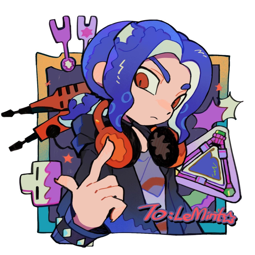 1boy, black_jacket, blue_hair, border, closed_mouth, commentary, dualie_squelcher_(splatoon), english_text