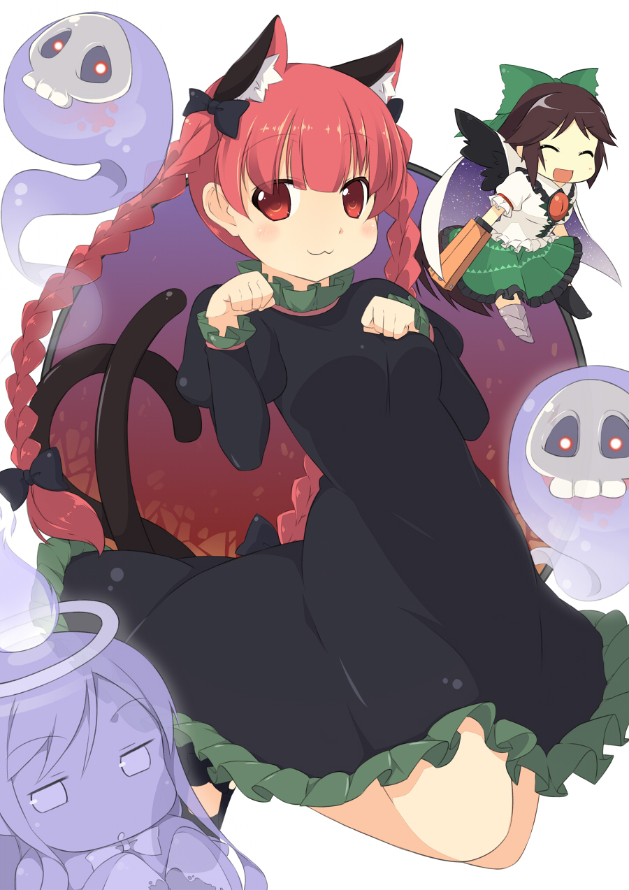 3girls, :3, :d, animal_ear_fluff, animal_ears, arm_cannon, asymmetrical_legwear, bird_wings