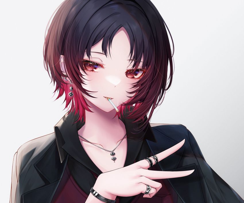 1girl, absurdres, bangs, black_hair, black_shirt, black_suit, bracelet, cigarette