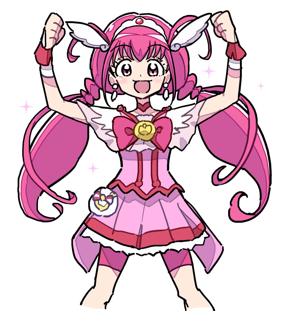 1girl, bike_shorts_under_skirt, blush, botsuo_ingen, bow, choker, cure_happy, earrings