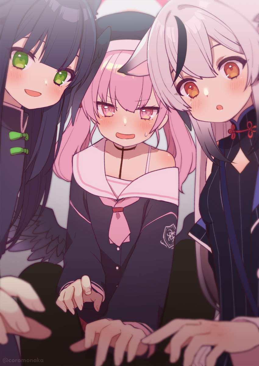animal_ears, bangs, black_dress, black_hair, blue_archive, chinese_clothes, coromonaka, crossed_bangs, dress, green_eyes, grey_hair, halo, head_wings, highres, koharu_(blue_archive), kokona_(blue_archive), multicolored_hair, off_shoulder, orange_eyes, pink_eyes, pink_hair, short_sleeves, shun_(blue_archive), shun_(small)_(blue_archive), siblings, sisters, streaked_hair, striped, striped_dress, tiger_ears, two_side_up, vertical_stripes