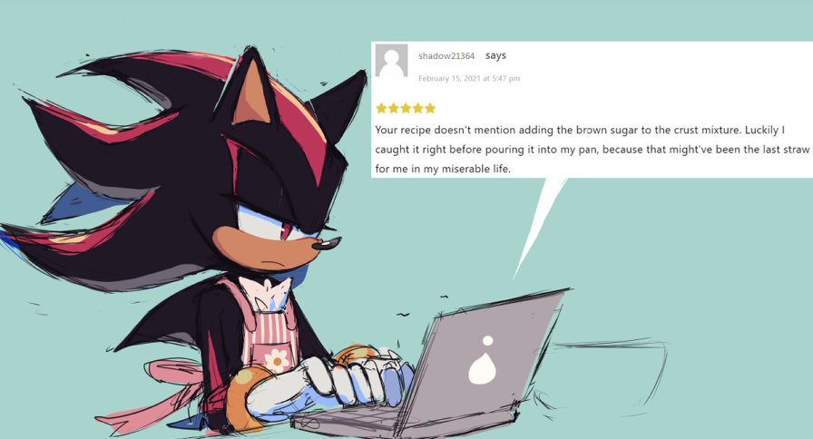 1boy, animal_ears, animal_nose, apron, back_bow, black_fur, blue_background, body_fur, bow, bowl, bracelet, closed_mouth, computer, english_text, floral_print, flower, furry, furry_male, gloves, gold_bracelet, grey_gloves, half-closed_eyes, hands_up, hedgehog, hedgehog_ears, hedgehog_tail, jewelry, looking_to_the_side, male_focus, motobug, pink_apron, pink_bow, pocket, red_eyes, red_fur, shadow_the_hedgehog, simple_background, solo, sonic_(series), star_(symbol), striped, striped_apron, tail, two-tone_fur, white_apron, white_flower