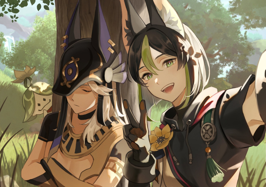 1other, 2boys, animal_ear_fluff, animal_ears, aranara_(genshin_impact), arm_up, bangs, black_choker