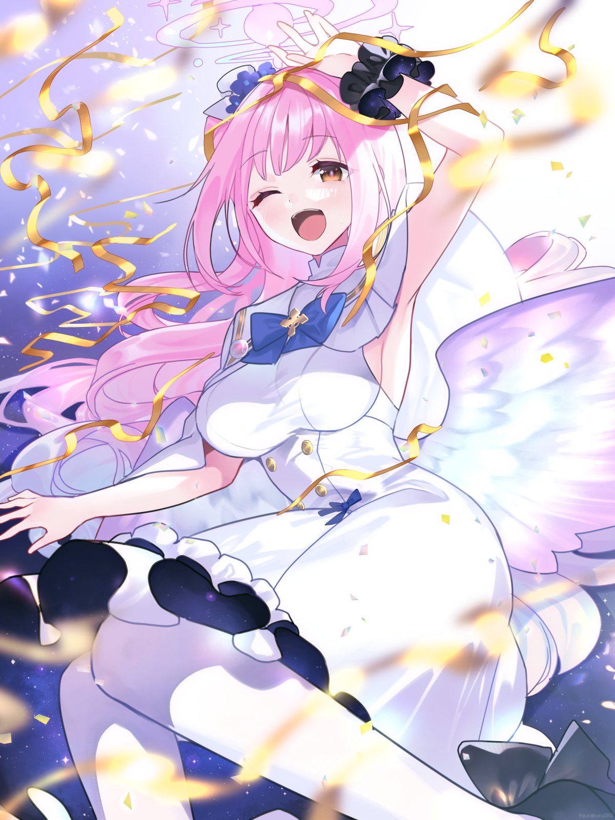 ;d, angel_wings, black_scrunchie, blue_archive, capelet, dress, etomai, feathered_wings, flower, hair_bun, hair_flower, hair_ornament, halo, highres, long_hair, low_wings, mika_(blue_archive), one_eye_closed, pink_hair, scrunchie, single_side_bun, sleeveless, sleeveless_dress, smile, very_long_hair, white_capelet, white_dress, wings, wrist_scrunchie, yellow_eyes