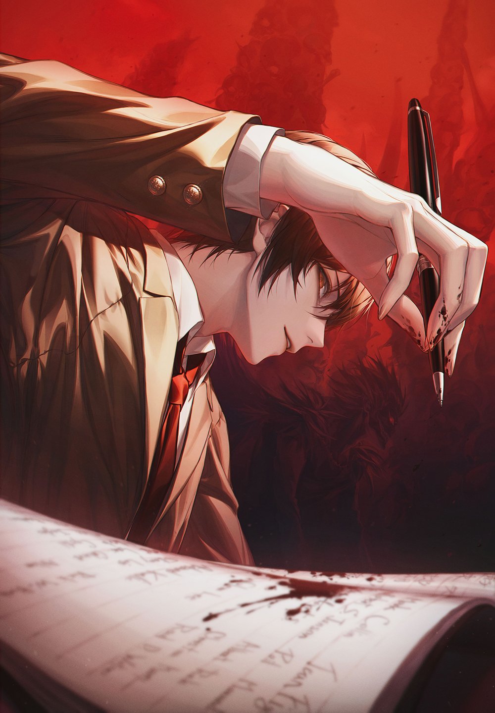 1boy, 1other, arm_up, bangs, blood, blood_on_hands, brown_hair, brown_jacket