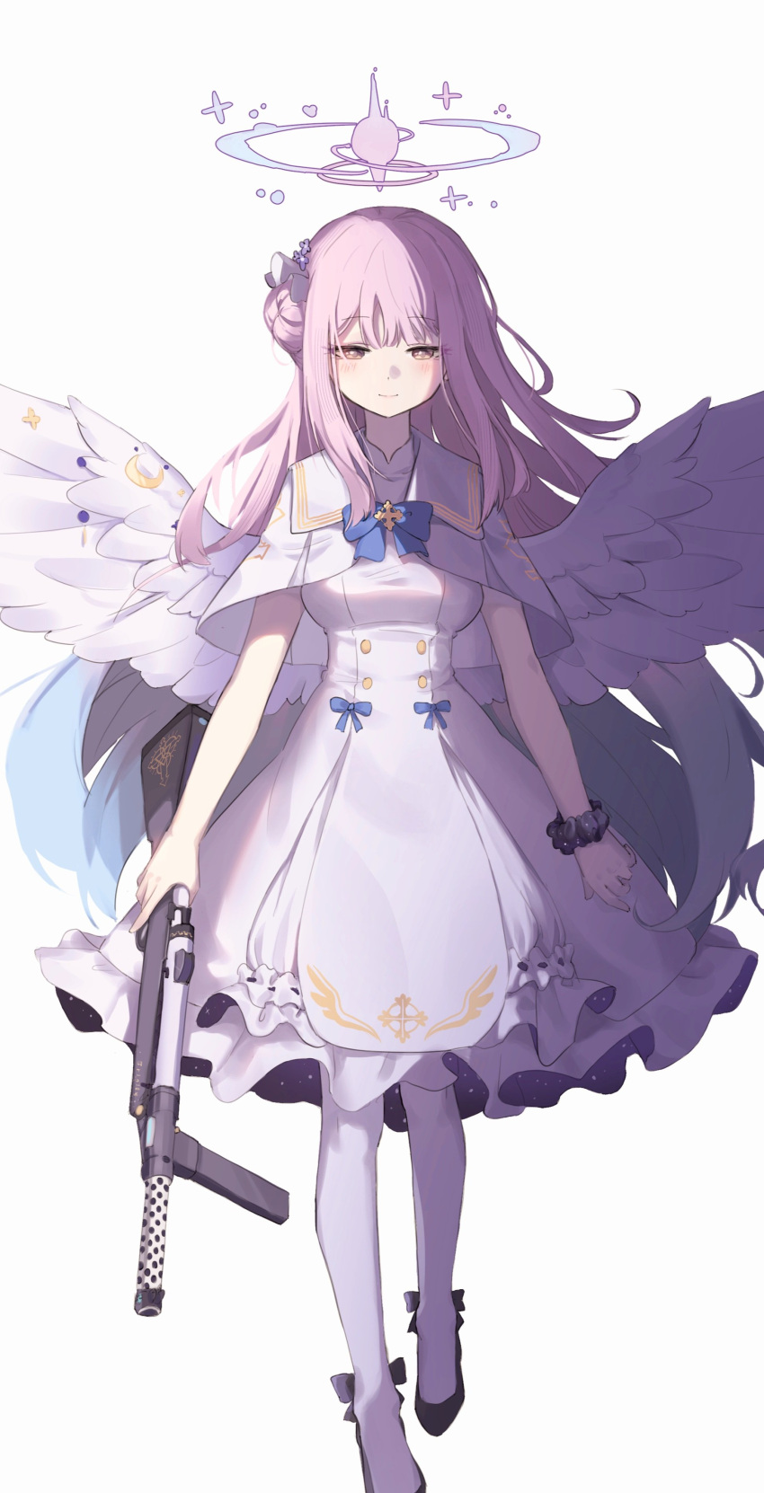 absurdres, angel_wings, black_scrunchie, blue_archive, capelet, dress, feathered_wings, gun